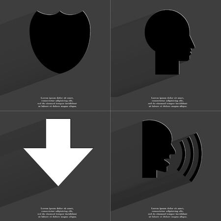 Badge, Silhouette, Arrow directed down, Talk icon sign. Set of Symbols with Flat design and Long hadows. Raster copyの写真素材
