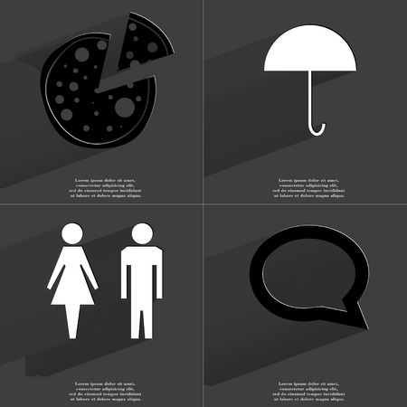 Pizza, Umbrella, Silhouette of man and woman, Chat bubble icon sign. Set of Symbols with Flat design and Long hadows. Raster copyの写真素材