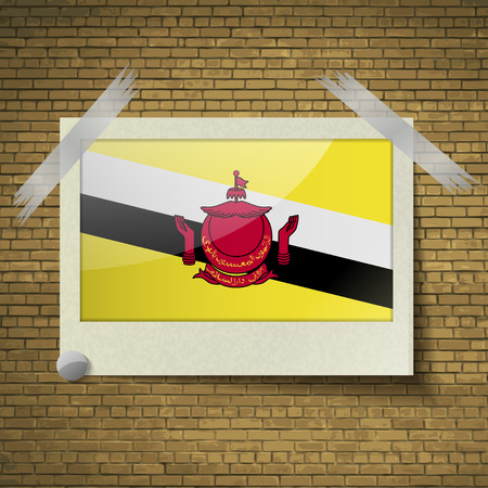 Flags of Brunei at frame on a brick background. Vector illustrationのイラスト素材