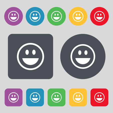 KIEV, UKRAINE -  June 21, 2015: Smile, Happy face icon sign. A set of 12 colored buttons. Flat design. Vector illustrationのイラスト素材