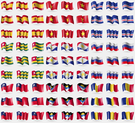 Spain, Vietnam, Cape Verde, Togo, Saba, Russia, Taiwan, Antigua and Barbuda, Romania. Big set of 81 flags. Vector illustrationのイラスト素材