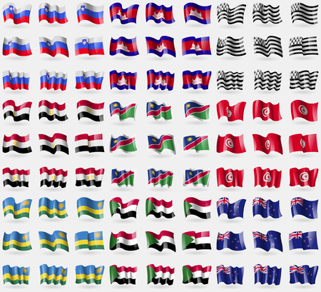 Slovenia, Cambodia, Brittany, Egypt, Namibia, Tunisia, Rwanda, Sudan, New Zeland. Big set of 81 flags. Vector illustrationのイラスト素材