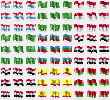 Luxembourg, Mauritania, Indonesia, Saudi Arabia, KarachayCherkessia, Iraq, Syria, Chuvashia, Belarus. Big set of 81 flags. Vector illustrationのイラスト素材