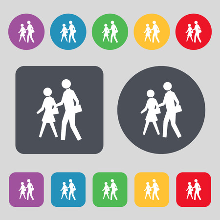 crosswalk icon sign. A set of 12 colored buttons. Flat design. Vector illustrationのイラスト素材