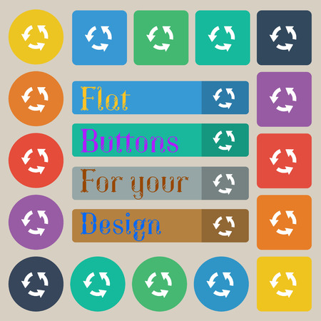 Refresh icon sign. Set of twenty colored flat, round, square and rectangular buttons. Vector illustrationのイラスト素材