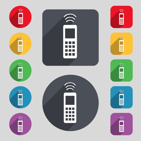 the remote control icon sign. A set of 12 colored buttons and a long shadow. Flat design. Vector illustrationのイラスト素材