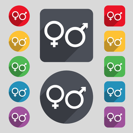 male and female icon sign. A set of 12 colored buttons and a long shadow. Flat design. Vector illustrationのイラスト素材