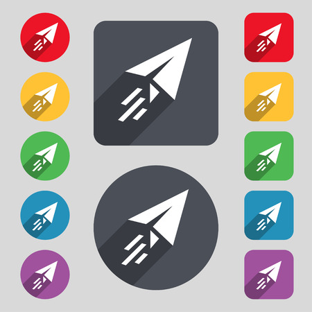 Paper airplane icon sign. A set of 12 colored buttons and a long shadow. Flat design. Vector illustrationのイラスト素材