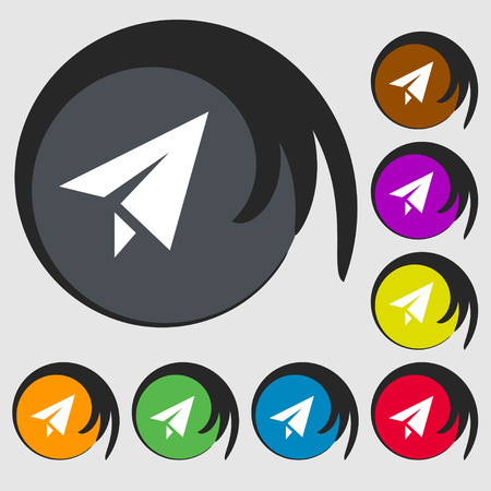 Paper airplane icon sign. Symbol on eight colored buttons. Vector illustrationのイラスト素材