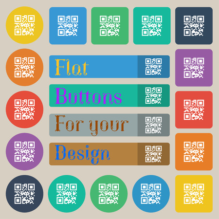 Qr code icon sign. Set of twenty colored flat, round, square and rectangular buttons. Vector illustrationのイラスト素材