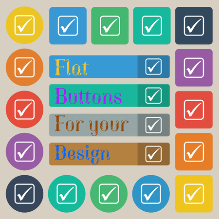 A check mark icon sign. Set of twenty colored flat, round, square and rectangular buttons. Vector illustrationのイラスト素材