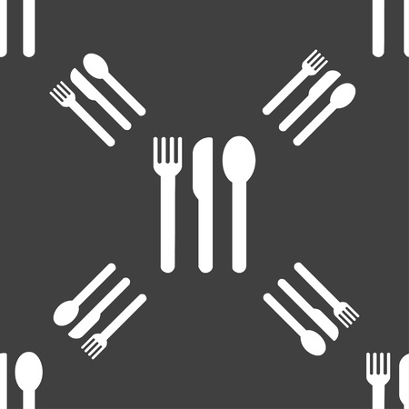 fork, knife, spoon icon sign. Seamless pattern on a gray background. Vector illustrationのイラスト素材