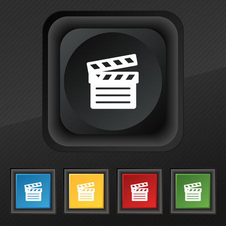 Cinema Clapper icon symbol. Set of five colorful, stylish buttons on black textureのイラスト素材
