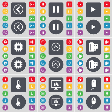 Arrow left, Pause, Media play, Processor, Arrow up, Negative films, Thermometer, Monitor, Mouse icon symbol. A large set of flat, colored buttons for your design. Vector illustrationのイラスト素材