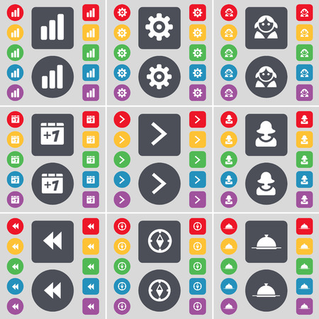 Diagram, Gear, Avatar, Plus one, Arrow right, Avatar, Rewind, Compass, Tray icon symbol. A large set of flat, colored buttons for your design. Vector illustrationのイラスト素材