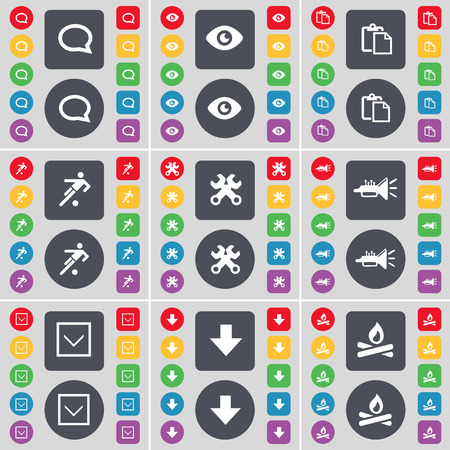 Chat bubble, Vision, Survey, Football, Wrench, Trumped, Arrow down, Campfire icon symbol. A large set of flat, colored buttons for your design. Vector illustrationのイラスト素材