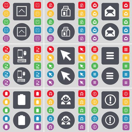 Arrow up, Packing, Message, Smartphone, Cursor, Apps, Battery, Avatar, Exclamation icon symbol. A large set of flat, colored buttons for your design. Vector illustrationのイラスト素材