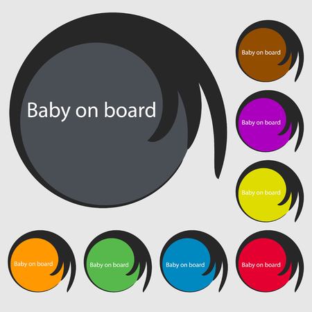 Baby on board sign icon. Infant in car caution symbol. Symbols on eight colored buttons. Vector illustrationのイラスト素材