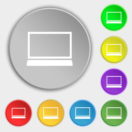 Laptop sign icon. Notebook pc symbol. Symbols on eight flat buttons. Vector illustrationのイラスト素材