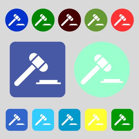 judge hammer icon.12 colored buttons. Flat design. Vector illustrationのイラスト素材
