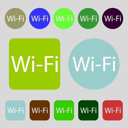 Free wifi sign. Wi-fi symbol. Wireless Network icon.12 colored buttons. Flat design. Vector illustrationのイラスト素材