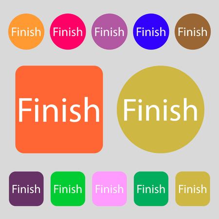 Finish sign icon. Power button.12 colored buttons. Flat design. Vector illustrationのイラスト素材