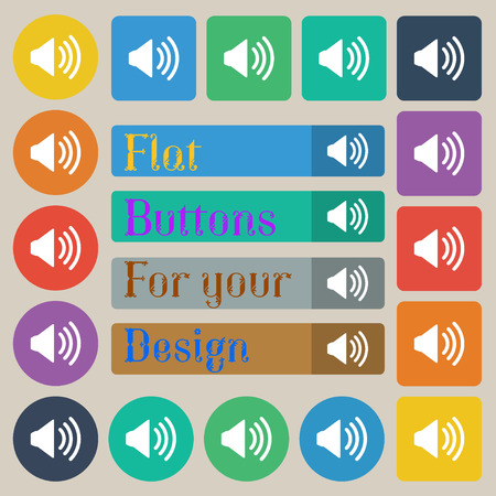 Speaker volume sign icon. Sound symbol. Set of twenty colored flat, round, square and rectangular buttons. Vector illustrationのイラスト素材