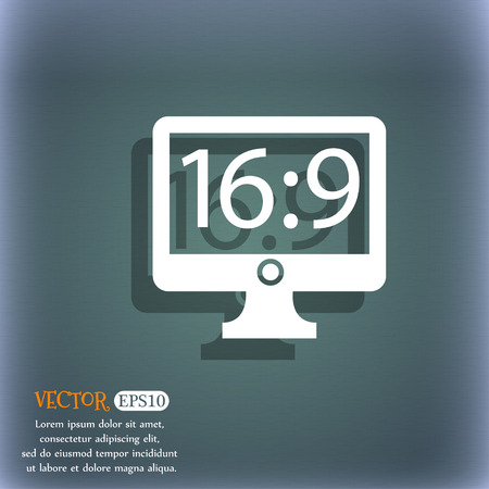 Aspect ratio 16:9 widescreen tv icon sign. On the blue-green abstract background with shadow and space for your text. Vector illustrationのイラスト素材