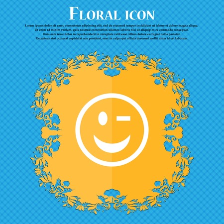 Winking Face . Floral flat design on a blue abstract background with place for your text. Vector illustrationのイラスト素材