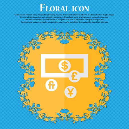 currencies of the world. Floral flat design on a blue abstract background with place for your text. Vector illustrationのイラスト素材