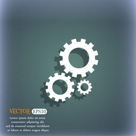 Cog settings sign icon. Cogwheel gear mechanism symbol. On the blue-green abstract background with shadow and space for your text. Vector illustrationのイラスト素材