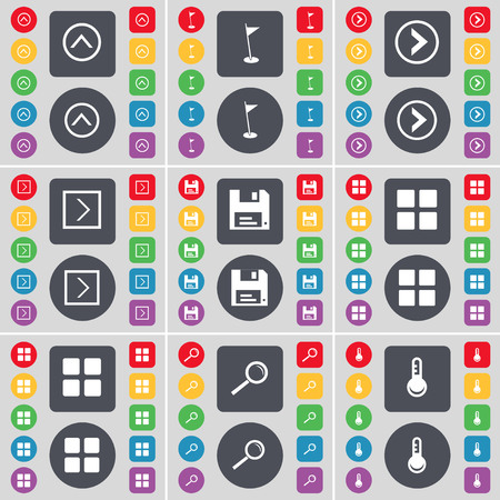Arrow up, Golf hole, Arrow right, Floppy, Apps, Magnifying glass, Thermometer icon symbol. A large set of flat, colored buttons for your design. illustrationの写真素材