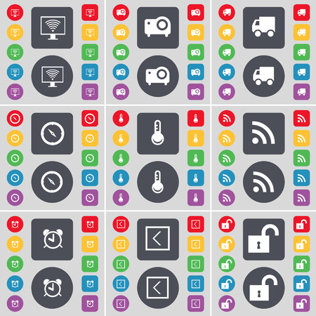 Monitor, Projector, Truck, Compass, Thermometer, RSS, Alarm clock, Arrow left, Lock icon symbol. A large set of flat, colored buttons for your design. illustrationの写真素材