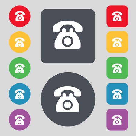 Retro telephone icon sign. A set of 12 colored buttons. Flat design. illustrationの写真素材
