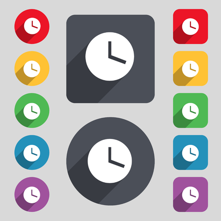 Mechanical Clock icon sign. A set of 12 colored buttons and a long shadow. Flat design. illustrationの写真素材