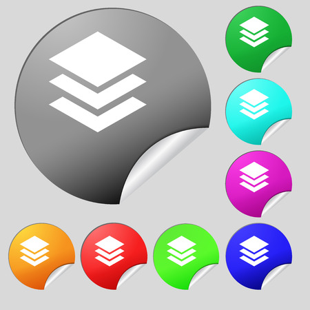Layers icon sign. Set of eight multi colored round buttons, stickers. illustrationの写真素材