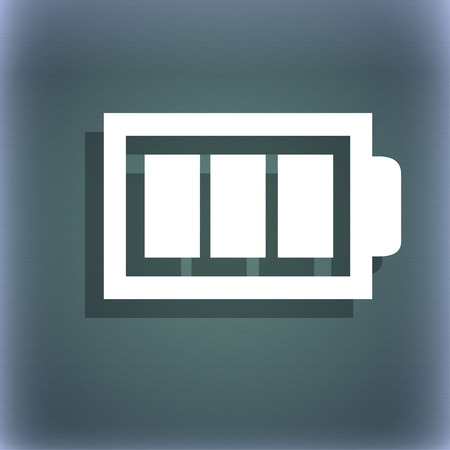 Battery fully charged sign icon. Electricity symbol. On the blue-green abstract background with shadow and space for your text. illustrationの写真素材