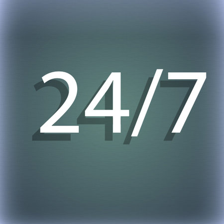 Service and support for customers. 24 hours a day and 7 days a week icon. On the blue-green abstract...