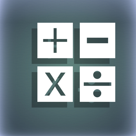 Multiplication, division, plus, minus icon Math symbol Mathematics. On the blue-green abstract background with shadow and space for your text. illustrationの写真素材