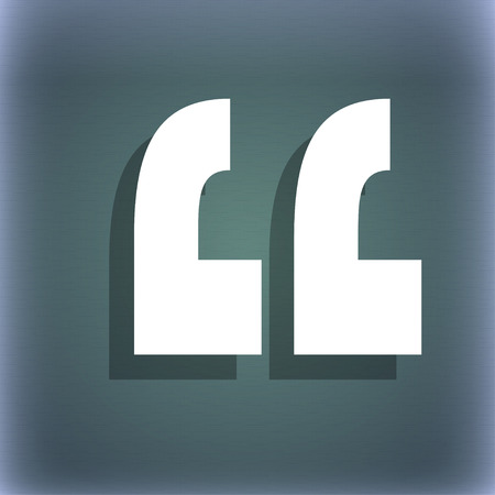 Quote sign icon. Quotation mark symbol. Double quotes at the end of words. On the blue-green abstract background with shadow and space for your text. illustrationの写真素材