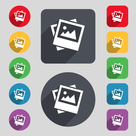 File JPG icon sign. A set of 12 colored buttons and a long shadow. Flat design. Vector illustration