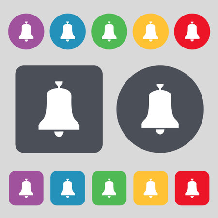 Alarm bell icon sign. A set of 12 colored buttons. Flat design. Vector illustrationのイラスト素材