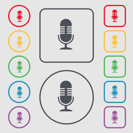 microphone icon sign. symbol on the Round and square buttons with frame. Vector illustrationのイラスト素材