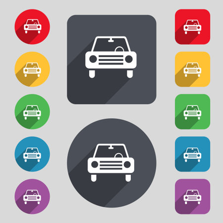 car icon sign. A set of 12 colored buttons and a long shadow. Flat design. Vector illustrationのイラスト素材