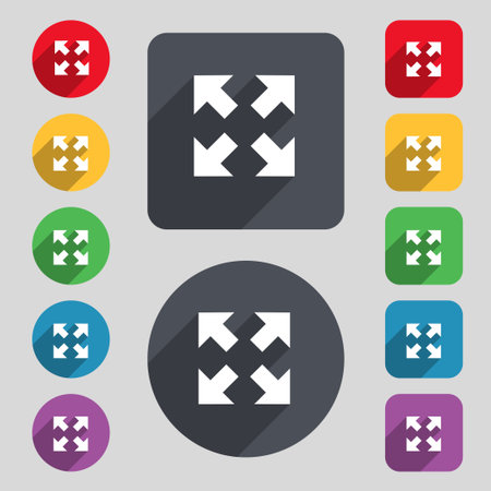 Full screen icon sign. A set of 12 colored buttons and a long shadow. Flat design. Vector illustrationのイラスト素材