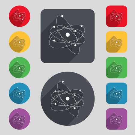 physics, atom, big bang icon sign. A set of 12 colored buttons and a long shadow. Flat design. Vector illustrationのイラスト素材