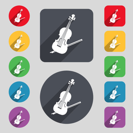 Violin icon sign. A set of 12 colored buttons and a long shadow. Flat design. Vector illustrationのイラスト素材