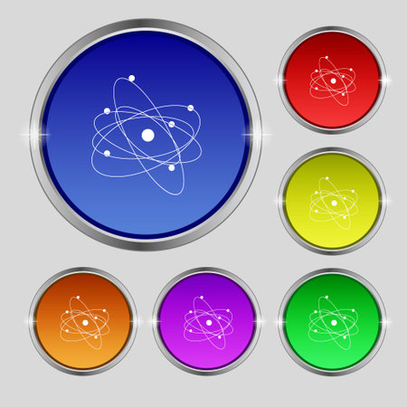 physics, atom, big bang icon sign. Round symbol on bright colourful buttons. Vector illustrationのイラスト素材