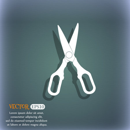 Scissors icon. On the blue-green abstract background with shadow and space for your text. Vector illustrationのイラスト素材