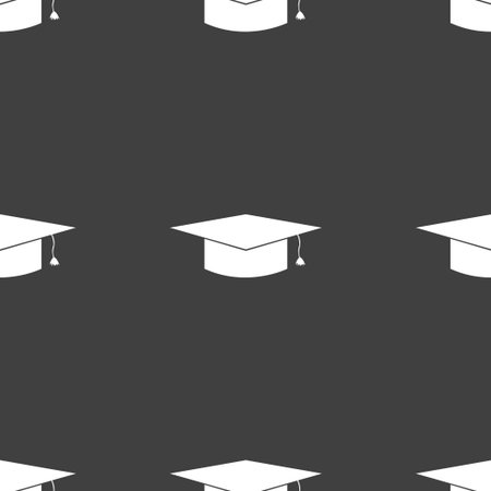 Graduation cap icon sign. Seamless pattern on a gray background. Vector illustrationのイラスト素材